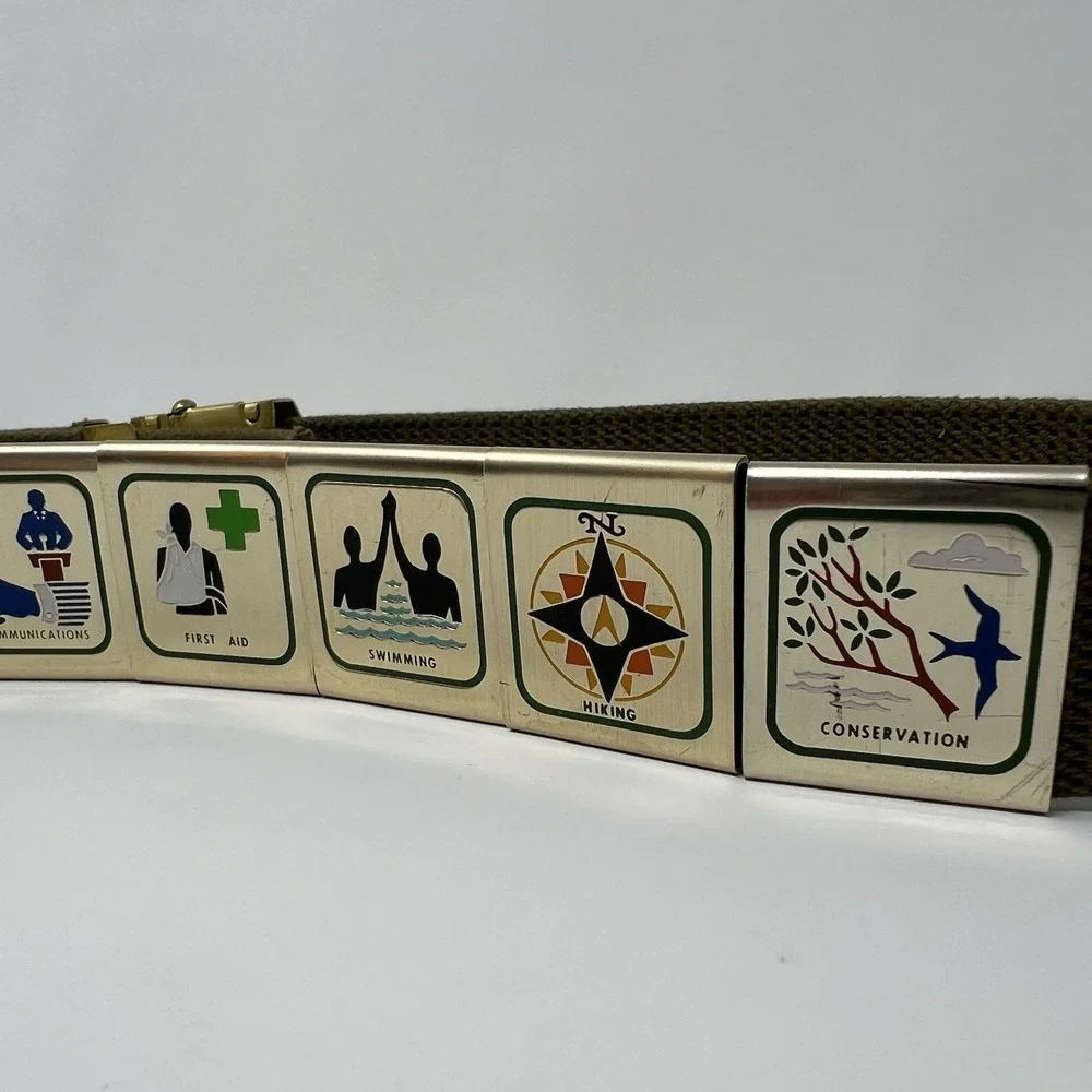 Vintage Boy Scouts Of America Belt Brass Buckle Made In USA w/ 9 Merit Slides‎